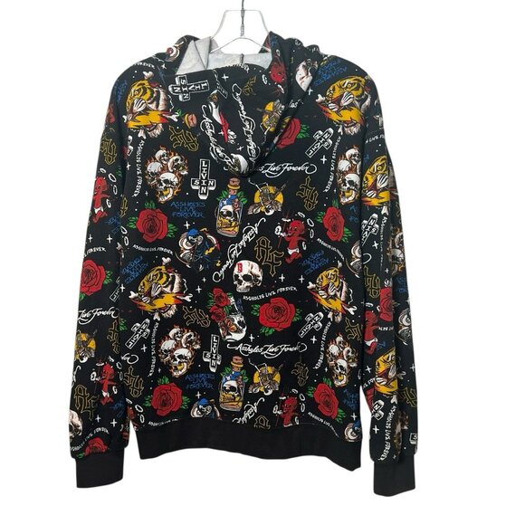 Assholes*s Live Forever Mens S Hoodie Sweatshirt All Over Print Skull Devil Rose - Picture 2 of 5